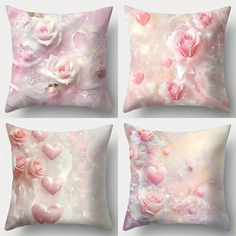 

Dreamy Blush Rose & Heart Pillowcase: Soft Romantic Pattern Cushion Cover for Elegant Sofa Bedroom Home Decor