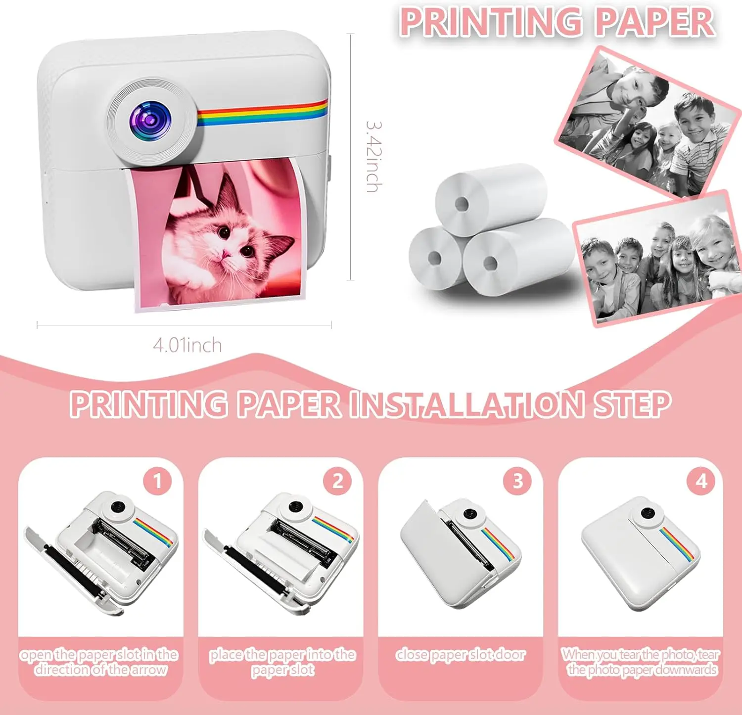 Kids Camera Instant Print with Color Printing Paper and 32GB Card, Front Rear Dual Selfie Kids Camera with 1080P Videos