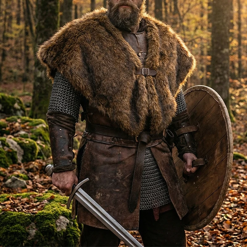 Medieval Faux Fur Cape Viking Knight Warrior Fur Collar Shoulder Wraps Medieval Faux Fur Shawl Cloak Halloween Cosplay Costume