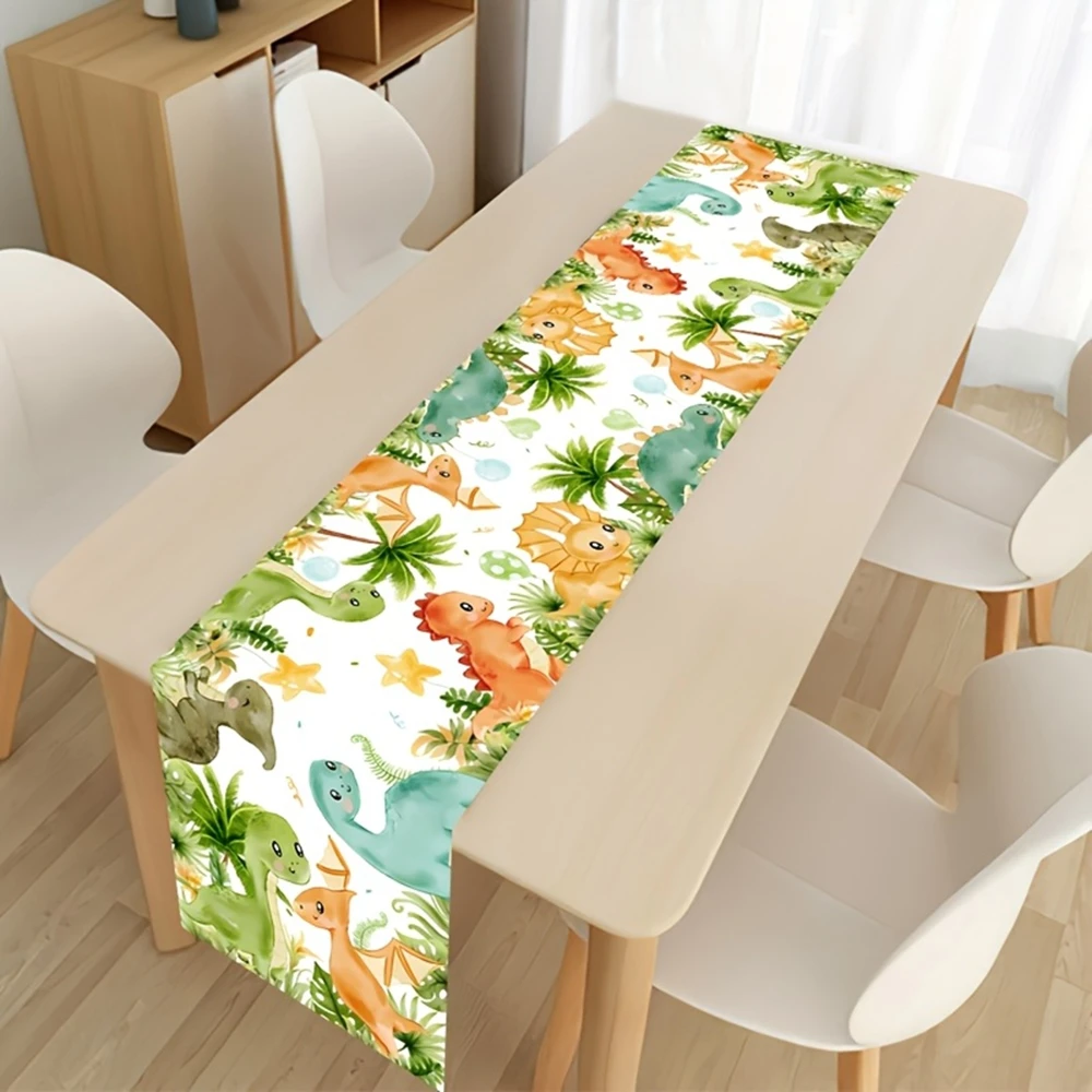 1 Stück Polyester-Tischläufer mit Aquarell-Dinosaurier- und tropischen Pflanzenmotiven für Dinosaurier-Themenpartys und Geburtstagsfeiern