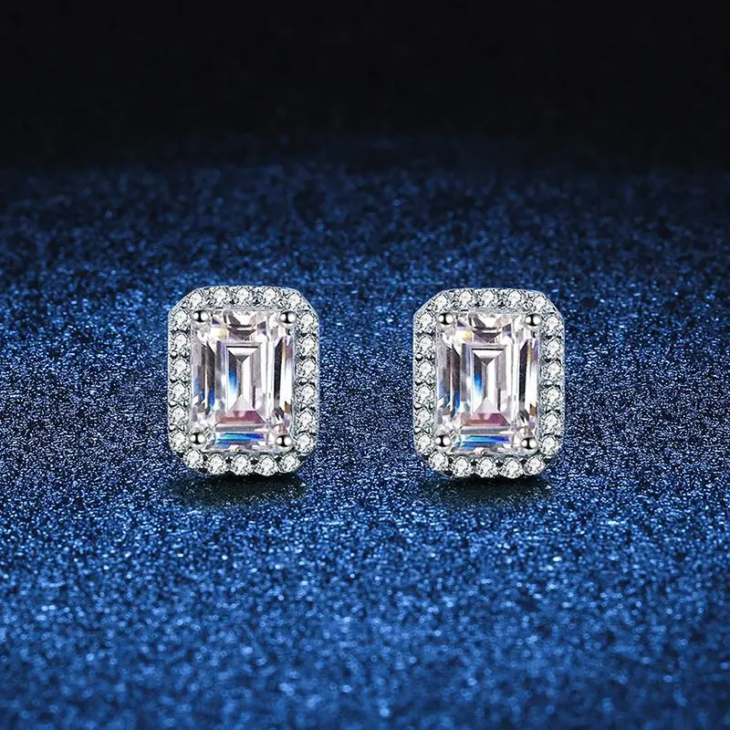 D color moissanite earrings for women rectangular radiant group emerald cut moissanite earrings platinum PT950 mark