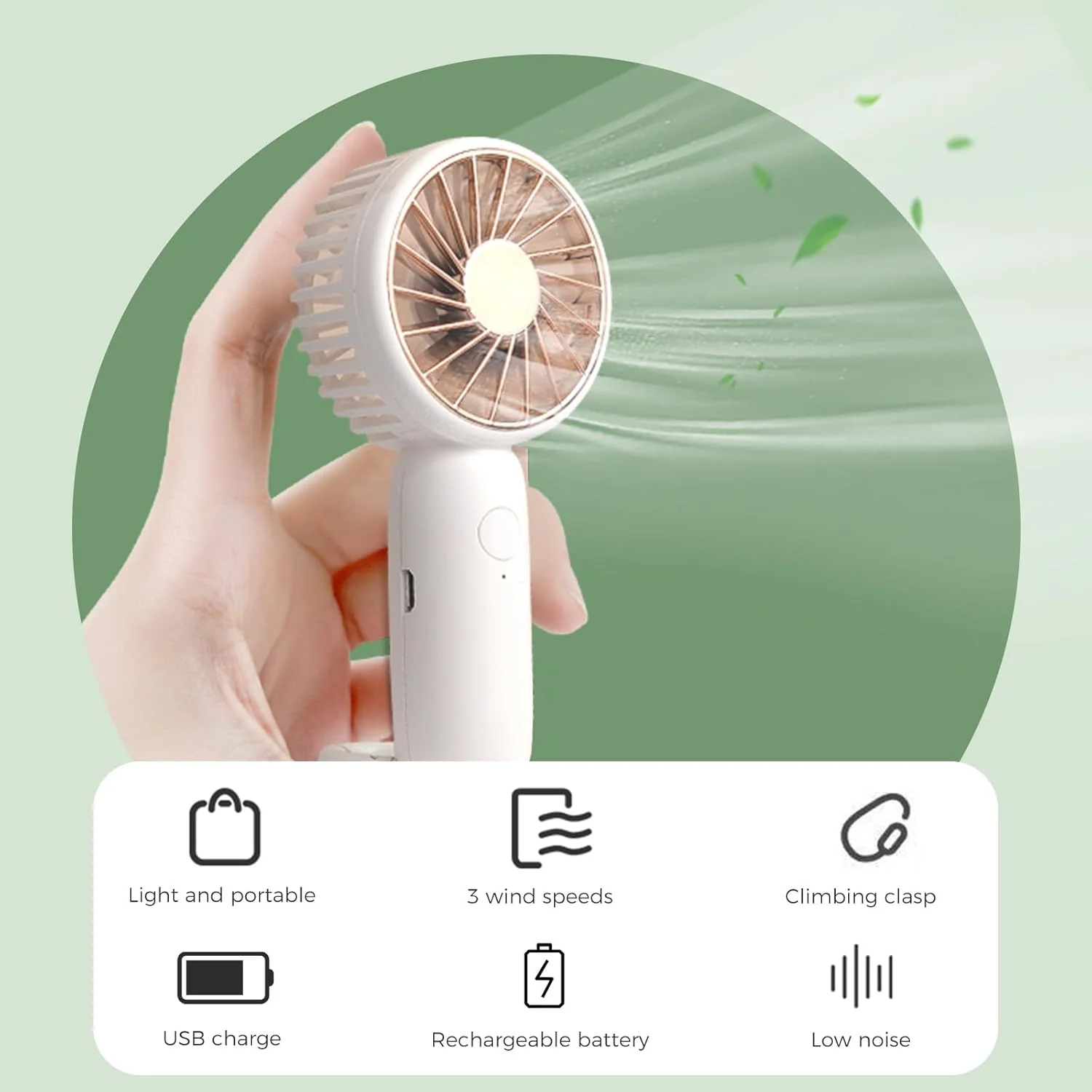 مروحة صغيرة محمولة، مروحة صغيرة شخصية مع خطاف، سرعات قابلة للتعديل، قوية قابلة لإعادة الشحن عبر USB، مكتب للسفر، مكتب، غرفة، خارجي