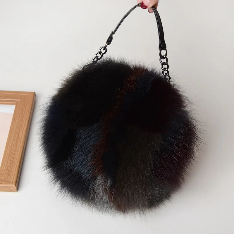 Women Winter Real Fox Fur Hand bag  Cute Girls Multi Color Luxury Genuine Fur Tote Bag Ladies Small Round Bags