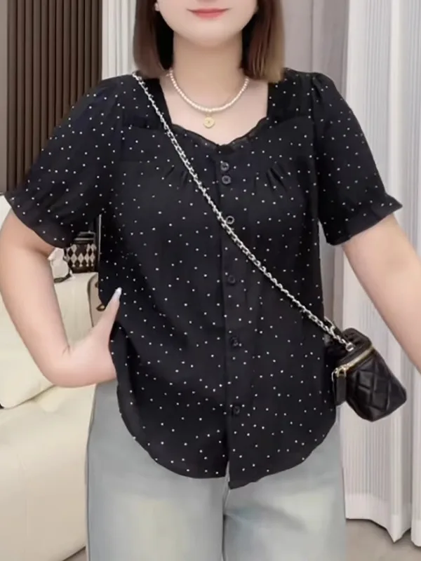 

Летний новый топ больших размеров в горошек с квадратным вырезом, свободный крой, стройнящий, уникальный, красивый, в корейском стиле