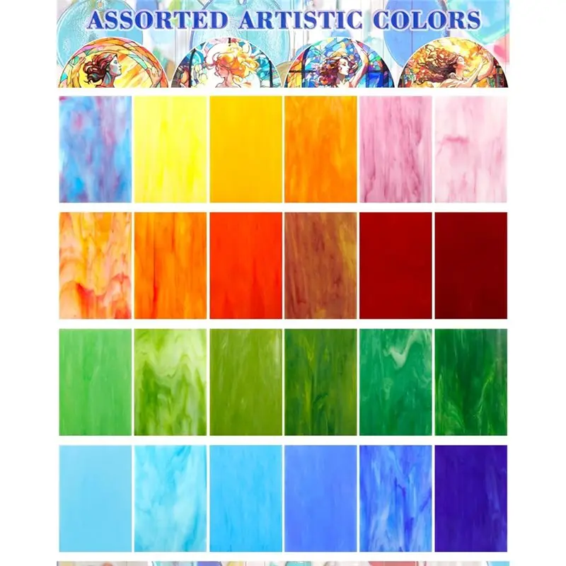 24 Sheets Stained Glass 4x6 Inch -for DIY Crafts,Mosaic Glass Art, Fused Glass Supplies,Iridescent Colors for Home Decor