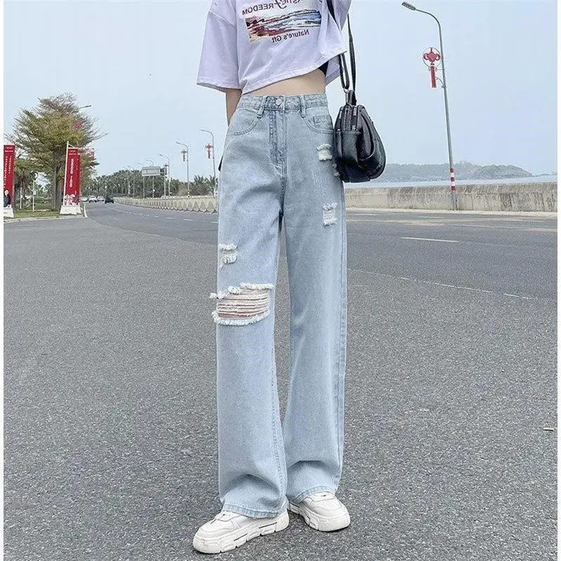 Distressed Jeans for Women\'s 2024 Spring/summer Korean Version New High Waisted Slimming Straight Leg Loose Leg Pants