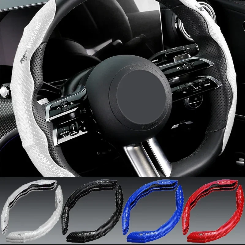 2pcs Car Logo Carbon Fiber Car Steering Wheel Cover Car Accessories For Mustang SHELBY GT 500 350 Convertible V Mach e Rainproof