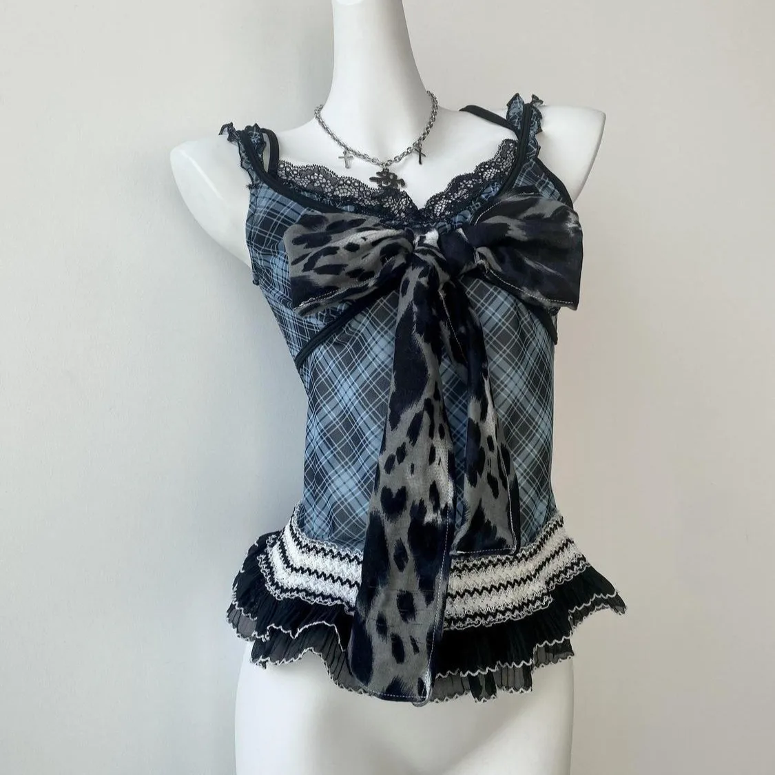 Summer Clothes Women Camisole Cutecore Y2k Tank Top Lace Trim Printed Sleeveless Top Plaid Leopard Print Vest Ruffle Bow Detail