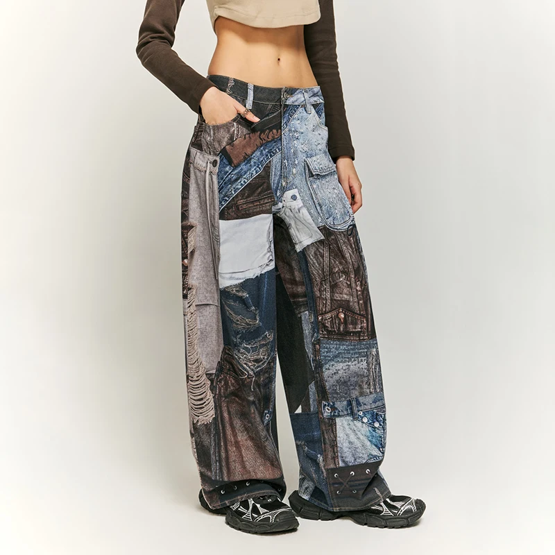 American Street Vintage Patchwork Digital Printed Jeans Male and Female Trendy Brand Loose Wide Leg Fashion High-End Trousers