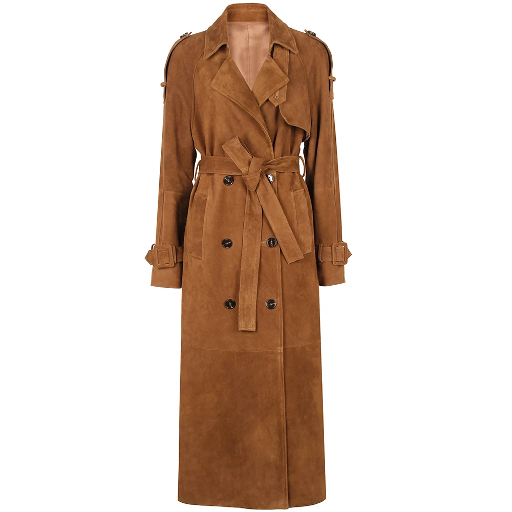 YOLOAgain Double Breasted Suede Jacket Coat Women Real Leather Trench Coat