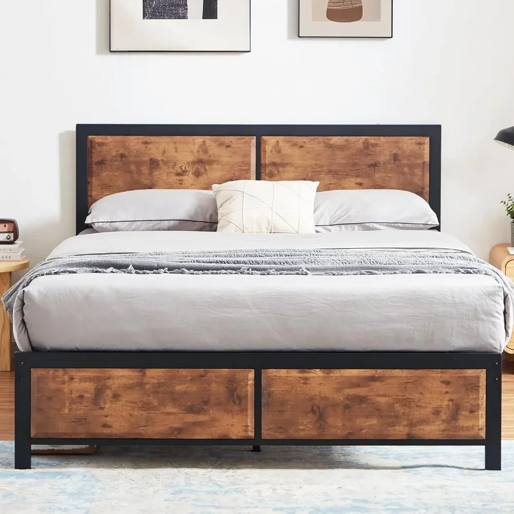 Full Size Platform Bed Frame with Black Wood Headboard, Mattress Foundation, Strong Metal Slats Support, No Box Spring Needed