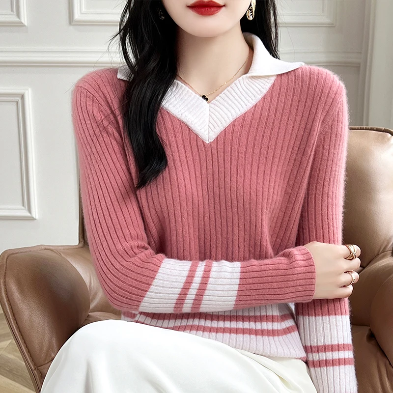 Autumn Winter New Cashmere Sweater 100% Wool Clothing Tops Women V-Neck Knit Pullover Korean Slim fit Long Sleeved Lapel Sweater