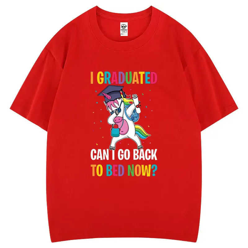 Camiseta de algodón con estampado de unicornios divertidos, graduado puedo ir de vuelta a la cama ahora, camisetas con estampado estético de moda con gráfico de dibujos animados de estilo Humor