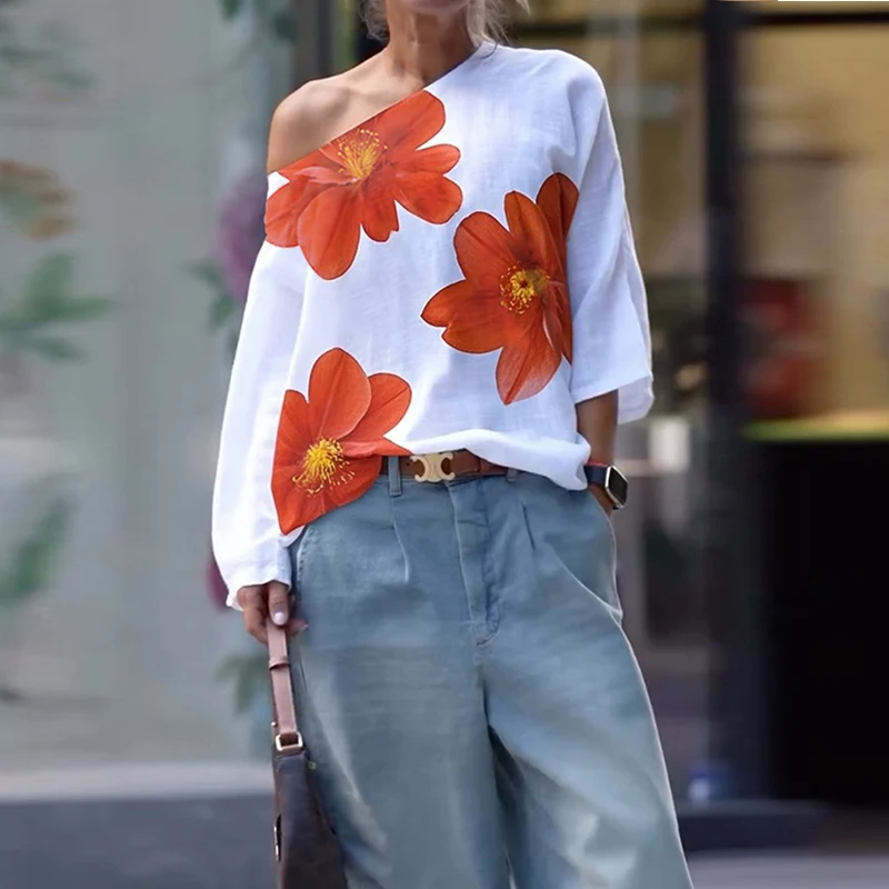 

Женские простые топы с цветочным принтом, весна-осень 2023, новые элегантные свободные футболки на одно плечо с длинными рукавами для женской одежды