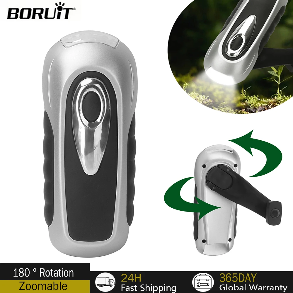 BORUIT EDC LED Flashlight Hand Crank Dynamo Power Torch Outdoor Camping Hiking Long-range Emergency Lanter Survival Gear Self