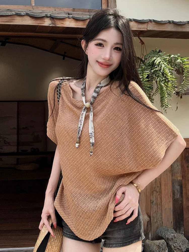 Laid-back Style Knitted Hollow out Short Sleeve T-shirt Loose Fit Versatile Pure Desire Fashion Shoulder Slant Design Top