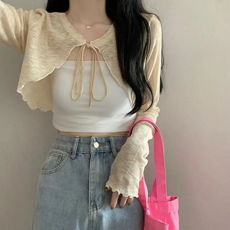 Fashion Solid Color Cropped Cardigan For Women Girls Summer Thin Casual Sunscreen Lace-Up Tops Sweet Long Sleeve Short Coats