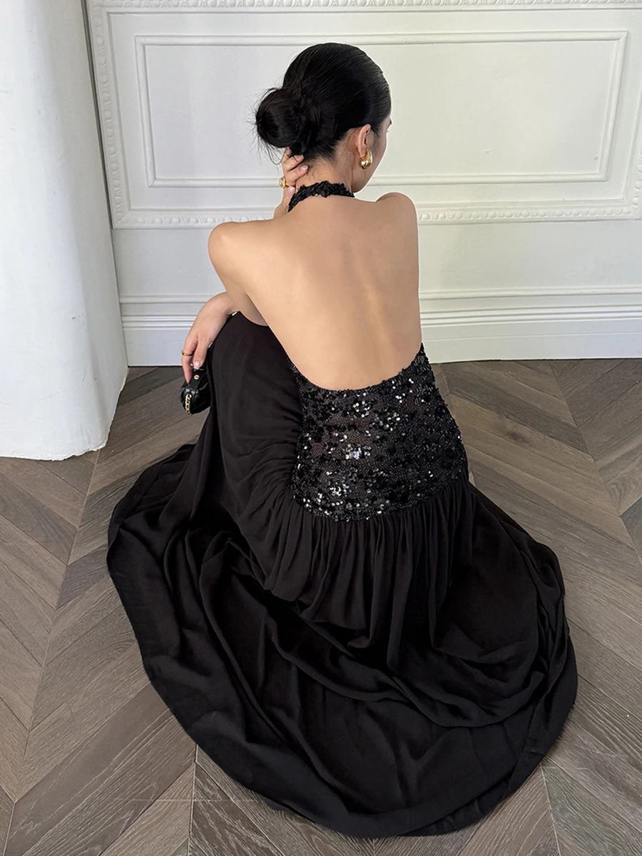 REDDACHiC 여성용 블랙 글리터 파티 드레스 홀터 백리스 오프 숄더 스티치 맥시 롱 드레스 이브닝 럭셔리 생일 의류