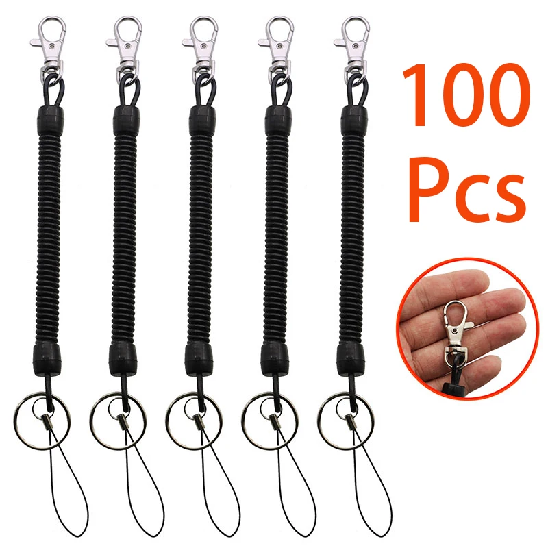 100pcs Black Retractable Keychain Spring Coil Spiral Stretch Key Chain Keyring Rope Men and Women