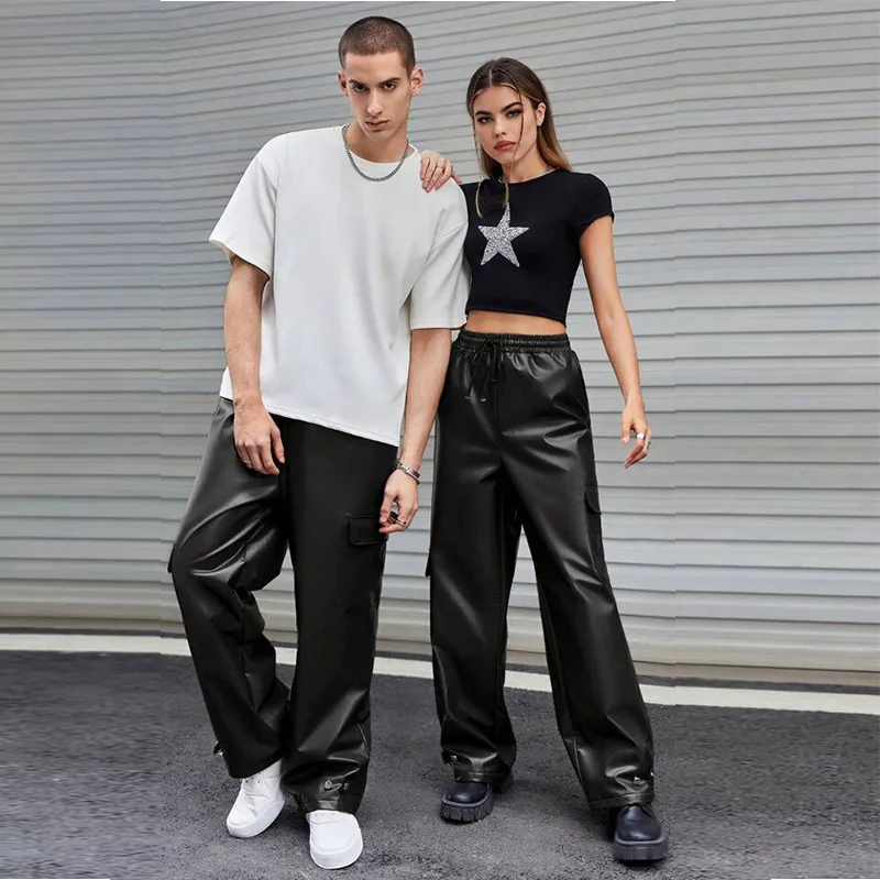 Women's PU Leather Wide Leg Pants Casual Loose Cargo PVC Trousers Fashion   Streetwear Couple Style 2023 Spring Summer Y2K