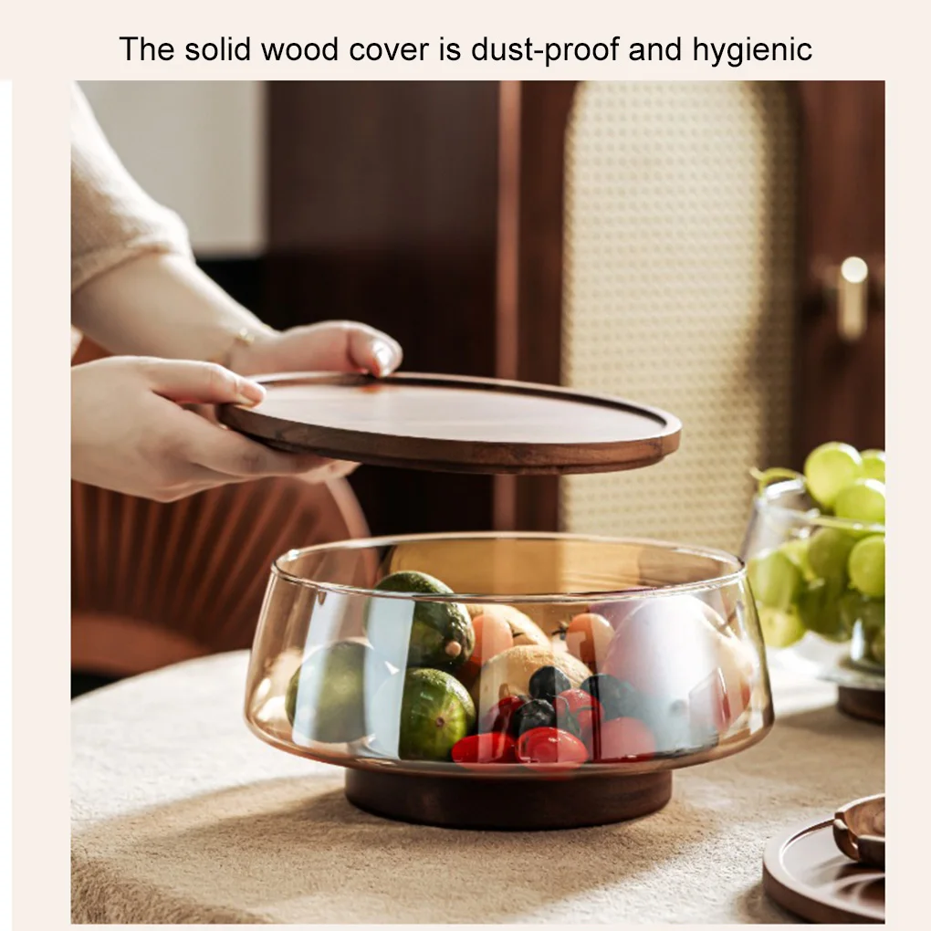 Creative Glass Fruit Bowl with Wood Base Clear Salad Bowl Rust Resistant for Kitchen Home Snacks Popcorn Nuts Storage