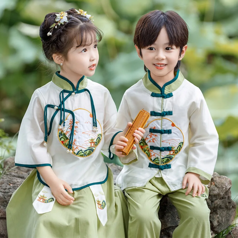 بدلة تانغ للأولاد والبنات من Hanfu لعام 2025 - تطريز عتيق، قطن/كتان ممتاز، ملابس أطفال على الطراز الصيني