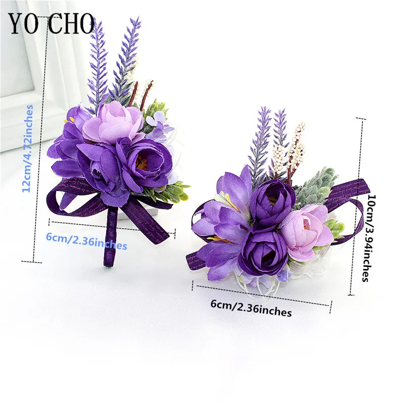 YO CHO Wedding Corsages flower Groom Boutonniere Purple Silk Rose Man Brooches Wedding Bridesmaids Bracelet Wrist Corsage Flower