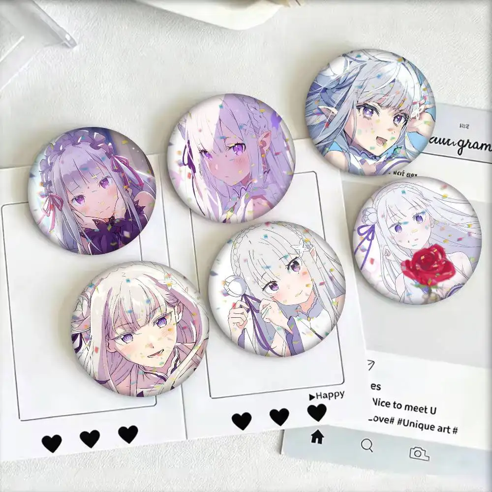 Anime R-Re Zero E-Emilia 25 32 44 58 75mm Badges Personalized Round Brooches Pins Accessory Gift
