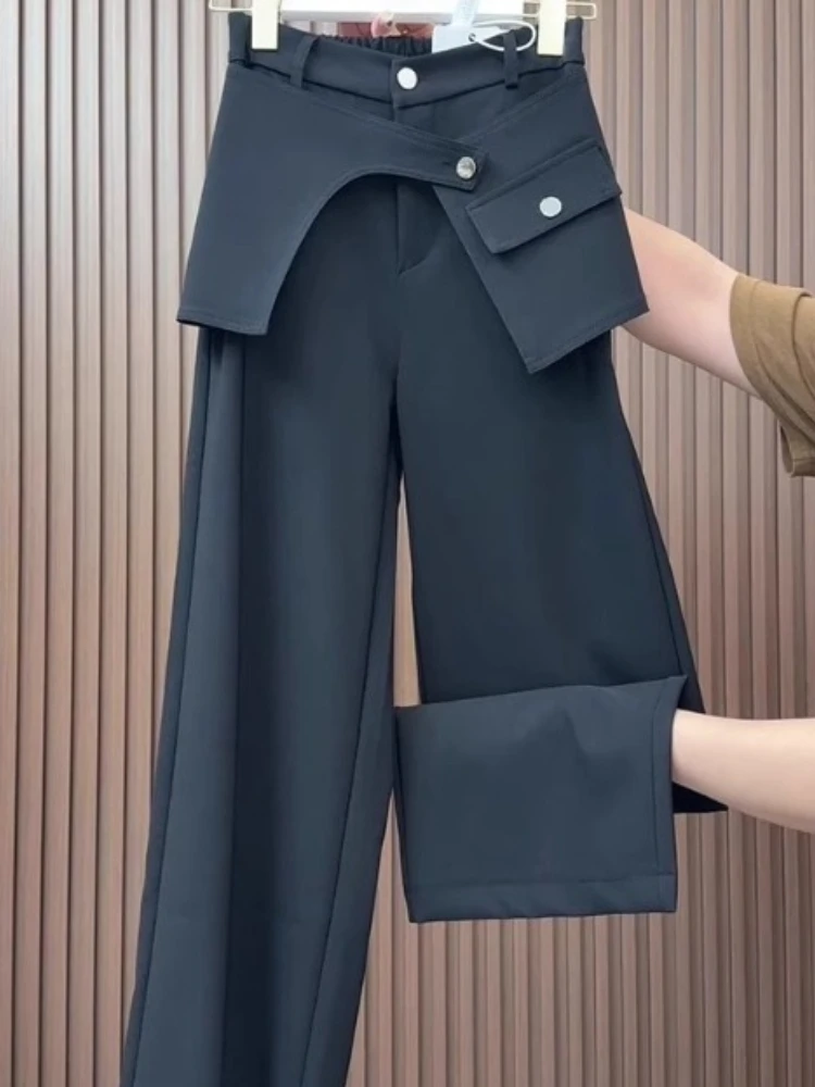 

Черные брюки нестандартной формы, женские эластичные широкие брюки с высокой талией, новинка 2025, свободные брюки больших размеров, модная осенне-зимняя верхняя одежда