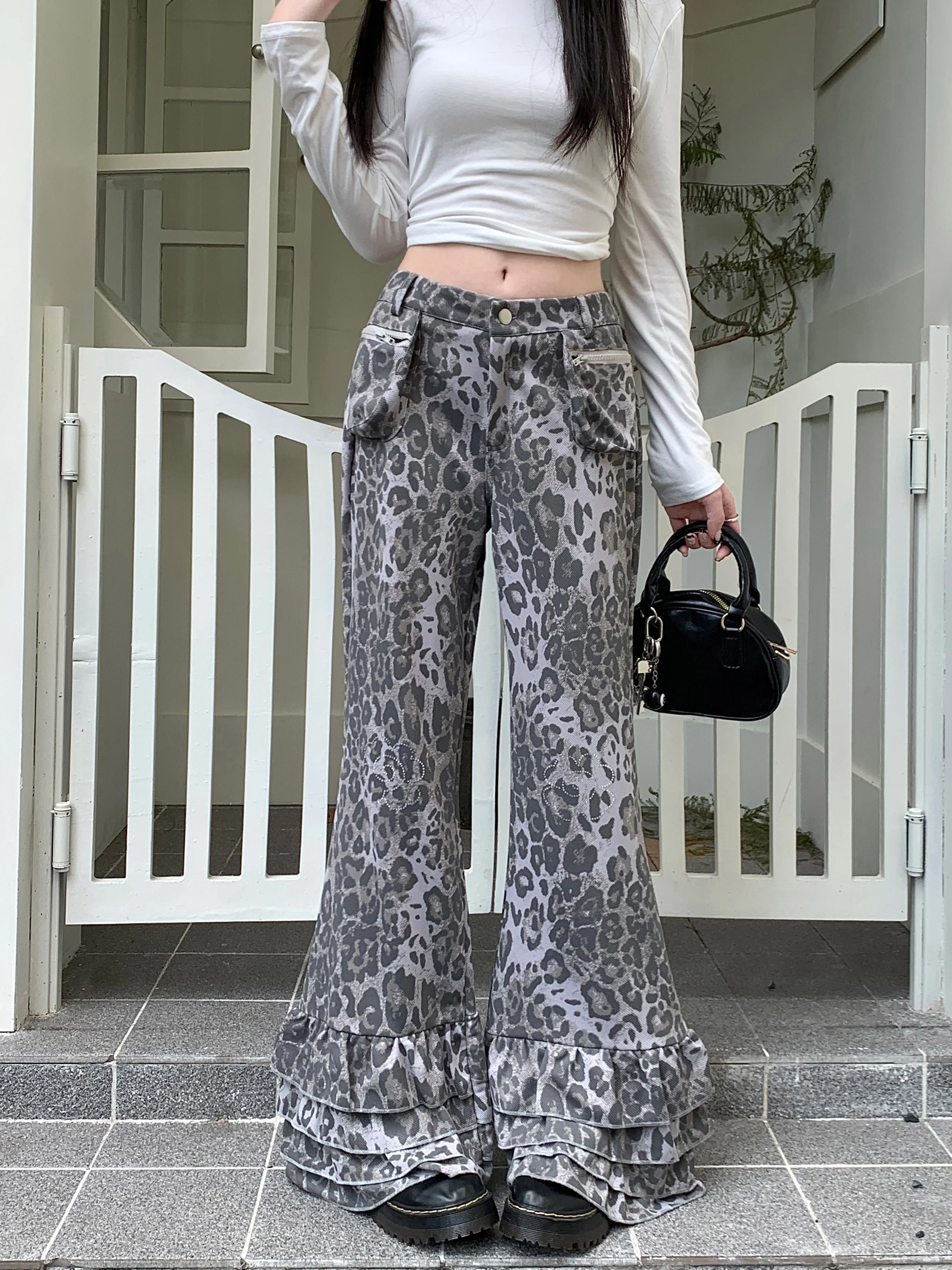 

Women Goblin Core Leopard Print Long Trousers Gyaru Pants Y2K Japanese Harajuku Low Rise Dark Academia Bell-Bottom Grunge Kpop