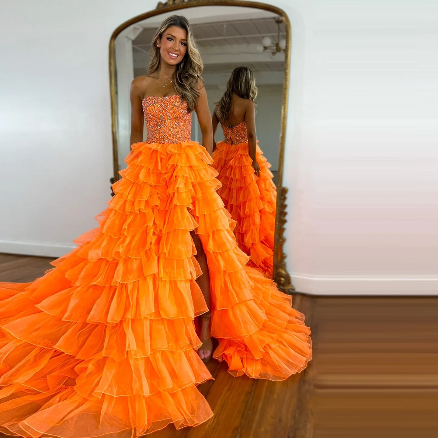 

Sharon Said Charming Orange Strapless Tiered Ruffles Prom Dress with Slit Long Women Evening Graduation Gowns SH382 Customized
