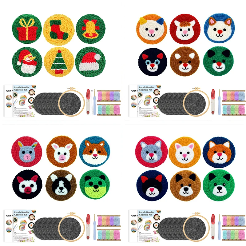 

Punch Needle Kit for Beginners Adults Kids Easy Cat Coasters Kit Tool Threader Fabric Hoop Yarn Rug Tufting Coaster Art and Craf