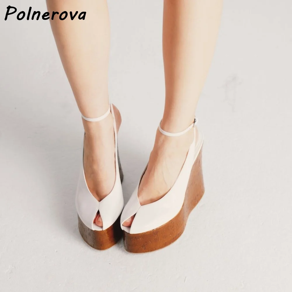 Patent Leather Wedge Platform Sandals Peep Toe Ankle Strap Cork Pattern Solid Black Shoes Slingback Summer Women Y2K Shoes view 5
