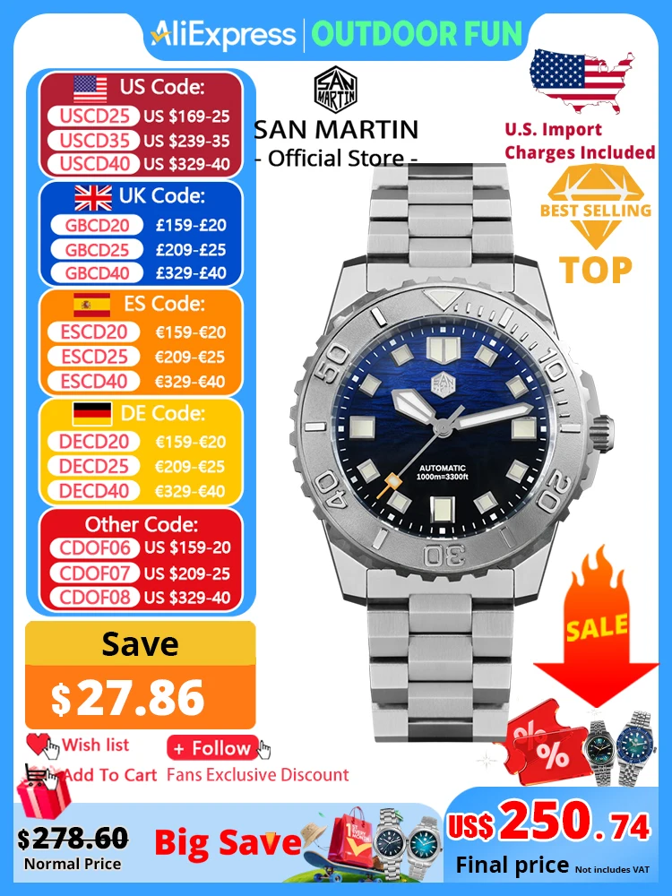

San Martin 1000m Waterproof Sea Waves Texture Dial 43mm Men Diver Watch Helium Escape Valve NH35 Automatic Mechanical SN0147