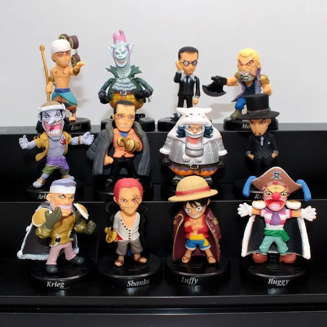 [Funny] 12pcs/lot Anime Q version One piece Luffy Krieg Sbanks Buggy Enel PVC Figures dolls Collectible model Toy kids gift