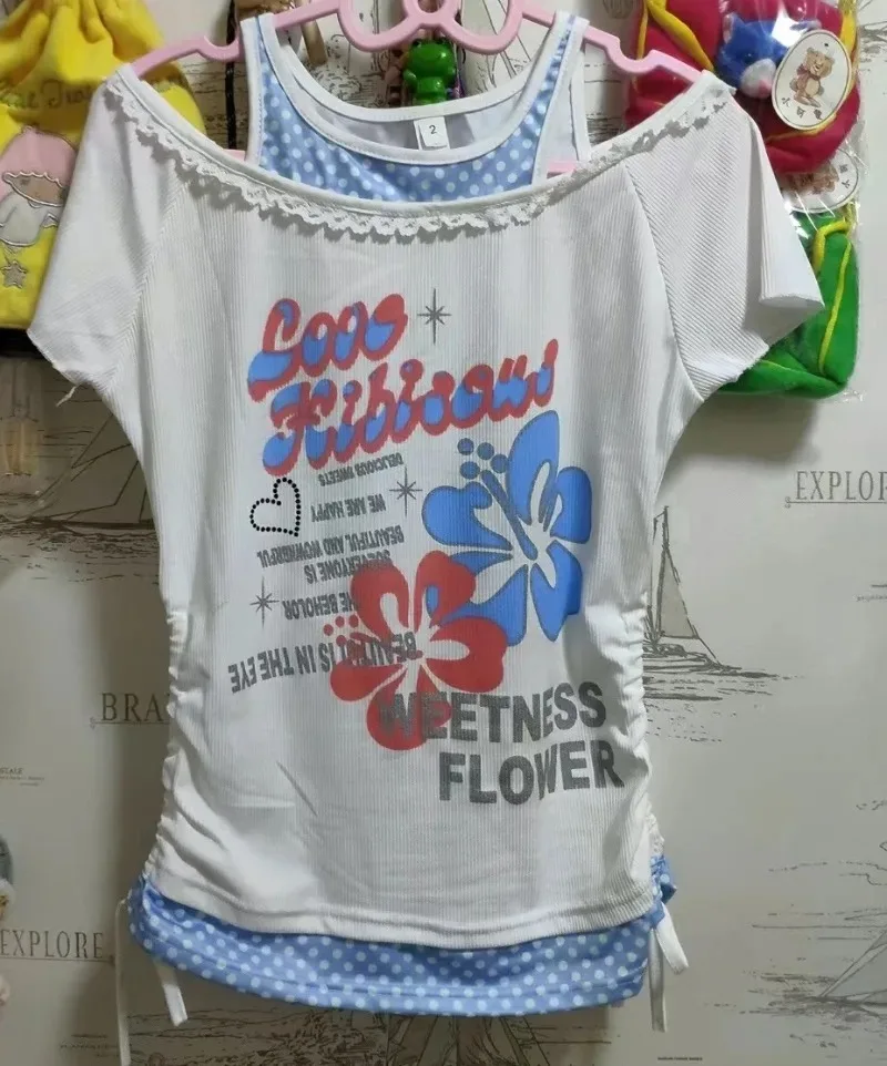 Vintage Lace Splicing Top Fusang Flower Letter Print Drawstring Wrinkle Chic Design Short Sleeve Tshirt Summer New Women Clothes
