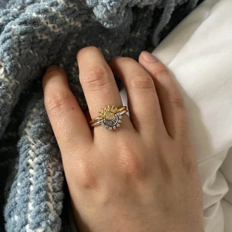 Srebro zestaw pierścieni Gloden niebiańskie niebieskie pierścienie księżyca musujące dla kobiet klasyczne przyjęcie zaręczynowe biżuteria ślubna