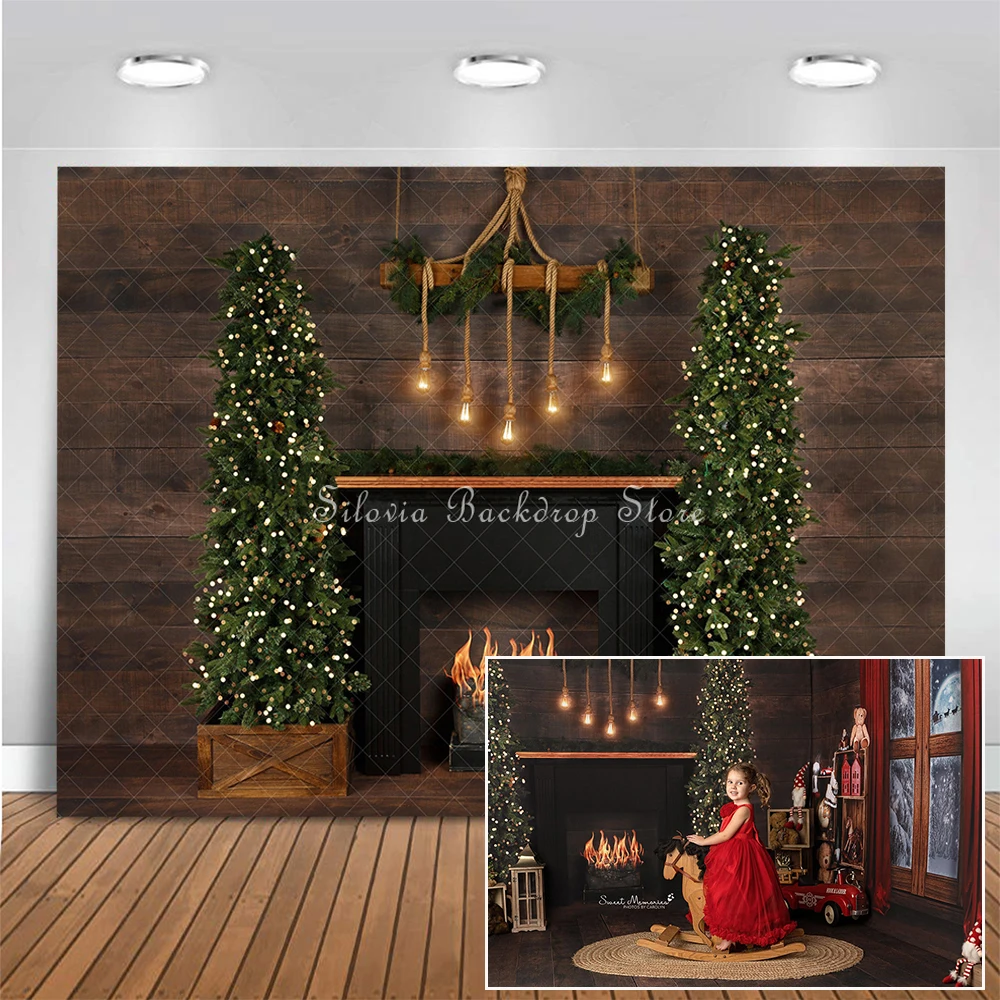 

Cozy Fireplace Christmas Photo Background Bokeh Shiny Xmas Tree Photography Backdrops Kids Baby Adult Birthday Photoshoot Props