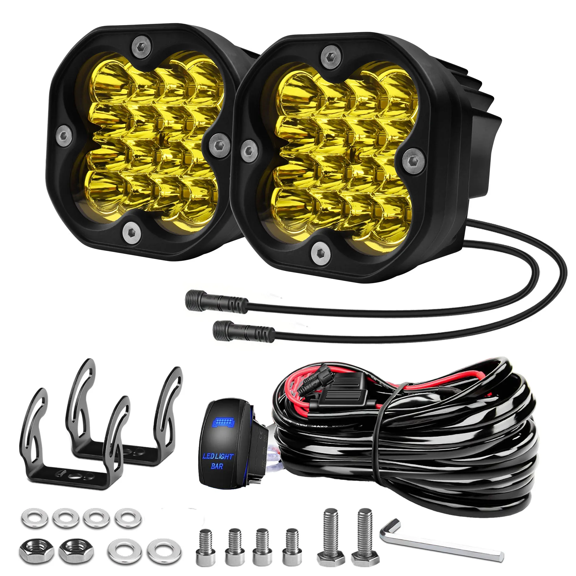 3Inch LED Light Pods Kit with Wiring Harness Amber Spotlight Offroad Headlight Fog Lamp 12-24V for Jeep Motorcycle 4X4 Truck ATV