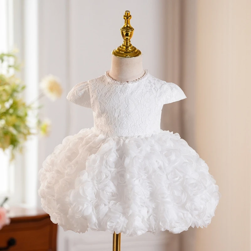 

2026 White Formal Pageant Gown Elegance Fashion Costume Children Flower Girl Wedding Baby Princess Dress Kids First Birthday