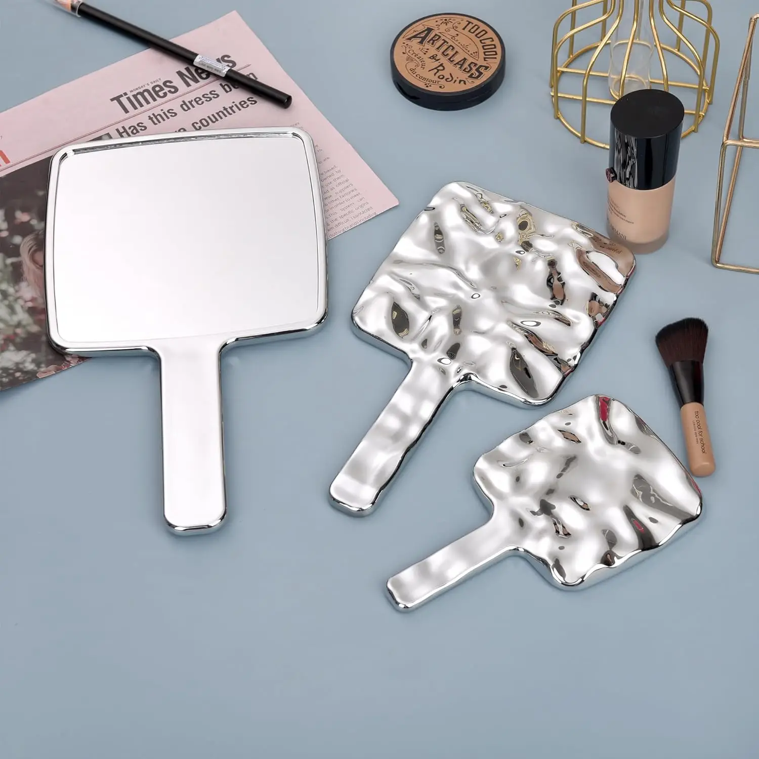 Handspiegel, Wasserwellen-Handspiegel mit Griff für Make-up, quadratisch, silberfarben, Handspiegel, galvanisierter Spiegel, Splitter