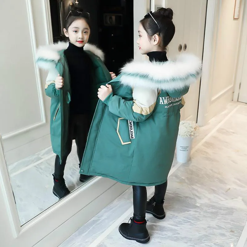 

Winter Girls Cotton Padded Jacket 2022 New Children Clothes Thickened Thick Parka Fur Collar Hooded Snowsuit Outerwear Coats 14Y