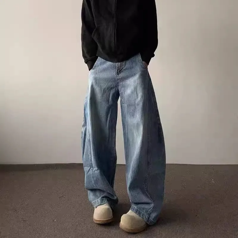 

Korean Retro Bamboo Patterned Wide Leg Pants For Men Curved Knife Jeans Casual Loose Straight Leg Pants Summer Denim Pants