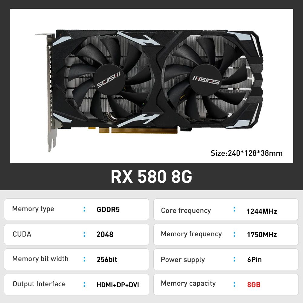 SEJISHI 그래픽 카드, Radeon RX580 8G, 2048SP, 256 비트 GDDR5 메모리, GPU 비디오 카드, AMD RX 580 8GB, 데스크탑 게임용 컴퓨터 PC용