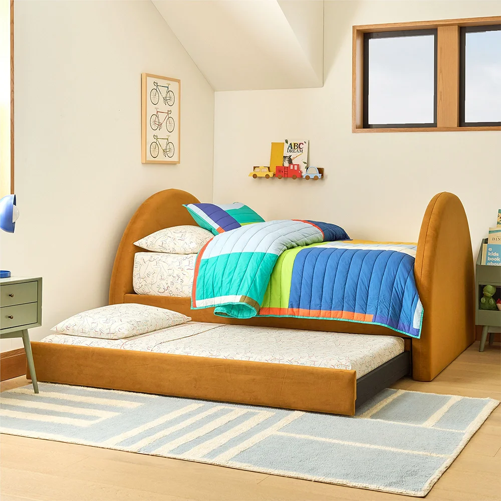 Custom Modern Upholstered Twin Size 2 Layer Platform Bunk Bed with Soft Headboard Wood Kid Bedroom Home Children Furniture Set