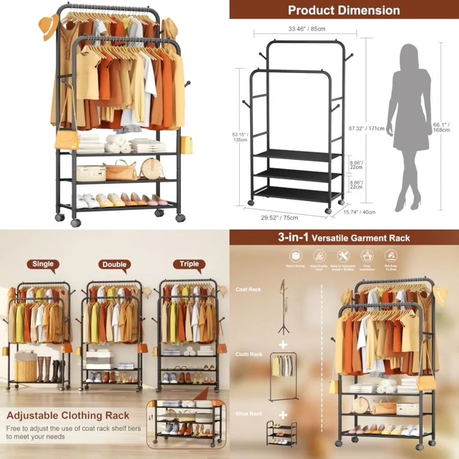 

Clothes Racks for Hanging Clothes, Portable Rolling Garment Rack, Sturdy Metal Freestanding Cloths Racks with Wheels, Double Rods Wardrobe Rack for Bedroom Laundry Living Room