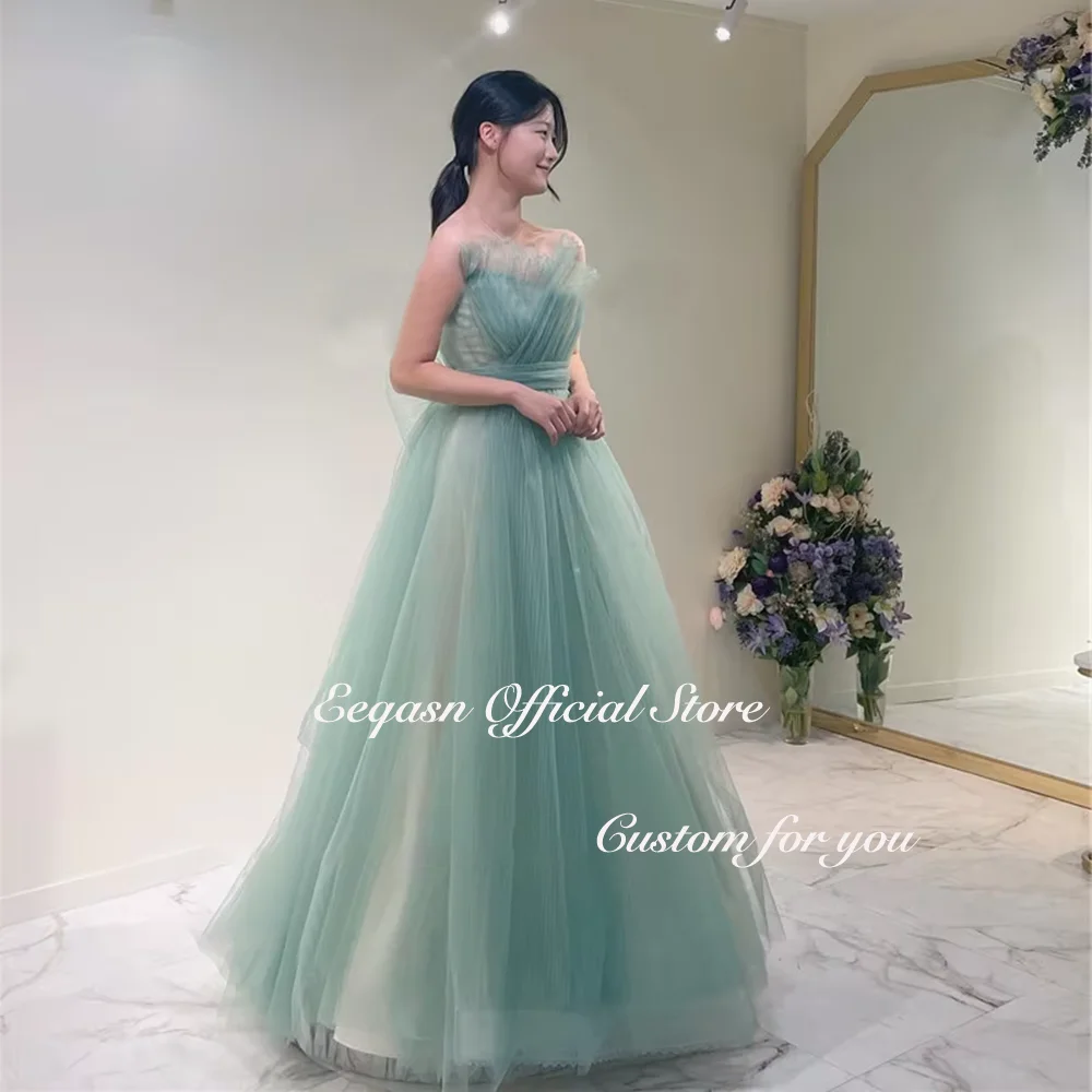 Fairy Long Korea Evening Dresses A Line Strapless Tulle Formal Party Prom Gown For Wedding Photos Shoot Birthday Customized