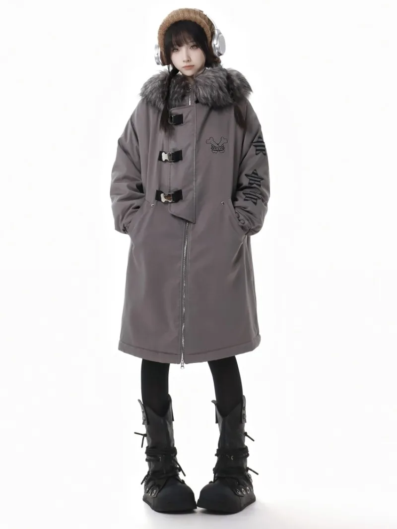 Ropa japonesa Premium gris de estrella media larga, conjunto de Parkas finas con hebilla adhesiva, ropa de invierno de un solo pecho, chaqueta con capucha para mujer