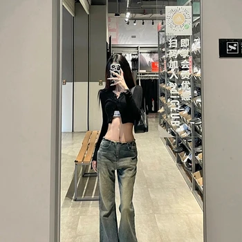 빈티지 악세사리 프린지 벨 바닥 청바지 여성 아메리칸 스타일 하이 스트리트 낮은 허리 다리 드래그 바지 레트로 섹시한 여성