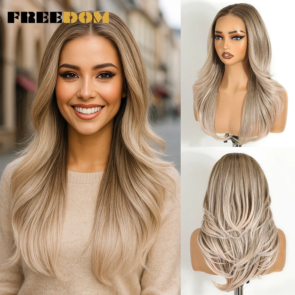 

FREEDOM Synthetic Lace Front Wigs For Women 20 Inch 6X4 Pre Plucked Ombre Blonde Wavy Layered Wig Wear And Go Glueless Lace Wigs